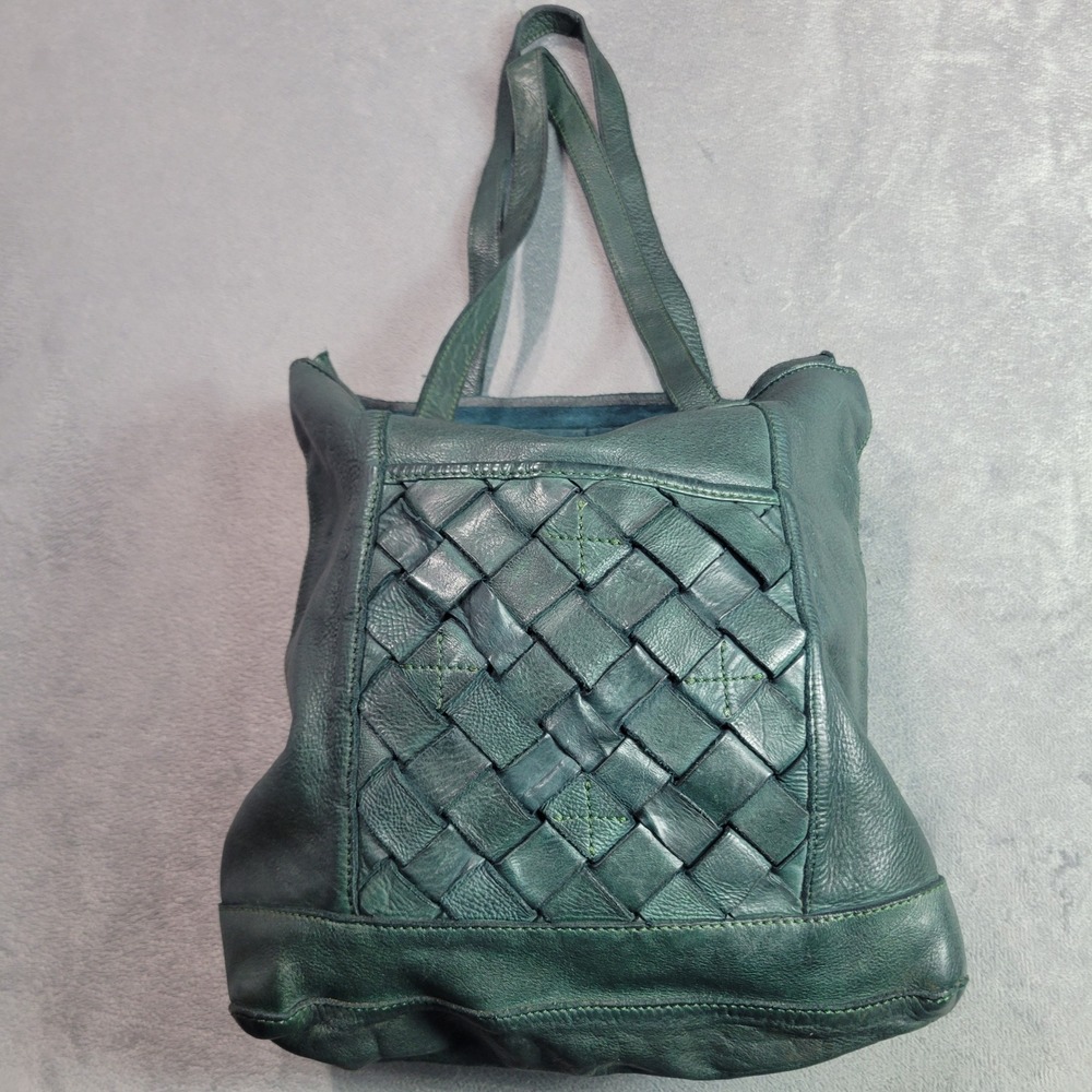 Vilenca Holland Tote Bag Womens Medium Green Leather Woven Artisanal Boho‎ Woven